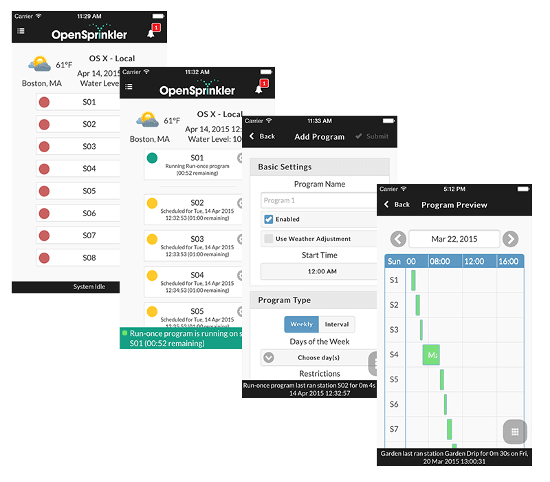 OpenSprinkler web and mobile app interface controlling South African irrigation zones
